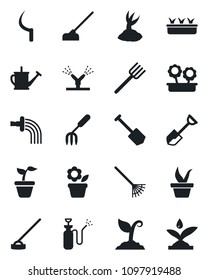 Set of vector isolated black icon - job vector, flower in pot, garden fork, shovel, farm, rake, seedling, watering can, sproute, hoe, sickle, sprayer, irrigation