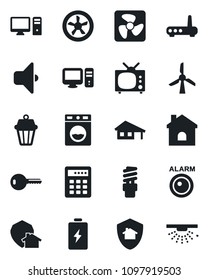 Set of vector isolated black icon - house vector, with garage, key, tv, fan, router, pc, washer, energy saving bulb, outdoor lamp, sound, home protect, combination lock, windmill, battery, alarm led