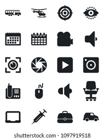 Set of vector isolated black icon - airport bus vector, helicopter, mouse, notebook pc, calendar, syringe, speaker, video camera, radio phone, play button, mobile, eye id, target, sound, scan, case
