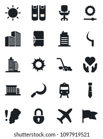 Set of vector isolated black icon - train vector, book, lawn mower, sun, sickle, heart hand, plane, brightness, lock, office building, chair, tie, city house, smoke detector, fridge, flag