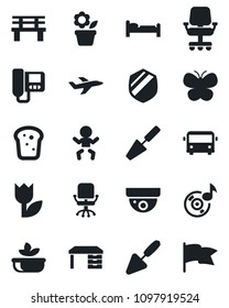 Set of vector isolated black icon - airport bus vector, baby, bed, office chair, desk, flower in pot, trowel, butterfly, bench, plane, tulip, shield, music, salad, bread, intercome, surveillance