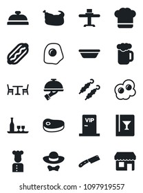 Set of vector isolated black icon - cafe vector, cook, alcohol, restaurant table, hat, wine card, reception, beer, waiter, vip zone, dress code, chicken, steak, kebab, hot dog, bowl, knife, omelette