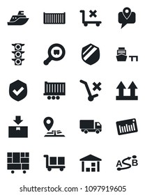 Set of vector isolated black icon - navigation vector, traffic light, mobile tracking, sea shipping, truck trailer, cargo container, car delivery, port, consolidated, up side sign, no trolley, route