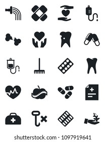 Set of vector isolated black icon - rake vector, watering, heart pulse, doctor case, diagnosis, dropper, pills, blister, patch, hand, tooth, caries, broken bone, diet, no hook, palm sproute