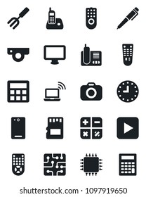 Set of vector isolated black icon - wireless notebook vector, calculator, garden fork, clock, camera, remote control, monitor, radio phone, play button, back, sd, pen, chip, web