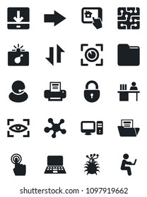 Set of vector isolated black icon - bomb in case vector, right arrow, lock, notebook pc, virus, support, touch screen, share, folder, data exchange, download, document, manager desk, printer, chip