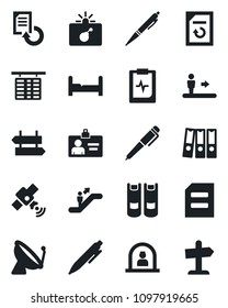 Set of vector isolated black icon - satellite antenna vector, escalator, signpost, bomb in case, reception, flight table, identity card, book, pen, document, reload, pulse clipboard, paper binder