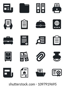 Set of vector isolated black icon - passport vector, office binder, document search, folder, clipboard, case, paper clip, news, printer, archive box, contract, stamp, estate, certificate