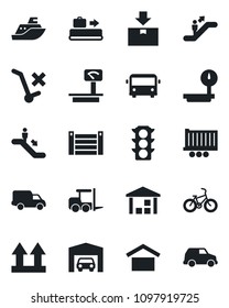 Set of vector isolated black icon - baggage conveyor vector, airport bus, escalator, fork loader, bike, traffic light, sea shipping, truck trailer, car delivery, container, warehouse storage, garage