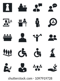 Set of vector isolated black icon - dispatcher vector, female, disabled, speaking man, pedestal, team, meeting, doctor, speaker, group, user, hr, manager desk, client search, with notebook