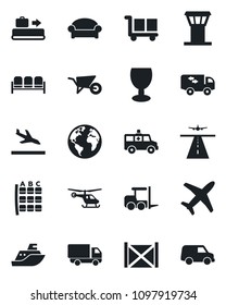 Set of vector isolated black icon - airport tower vector, runway, arrival, baggage conveyor, waiting area, fork loader, helicopter, seat map, wheelbarrow, ambulance car, earth, plane, sea shipping