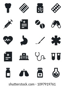 Set of vector isolated black icon - heart pulse vector, diagnosis, stethoscope, syringe, blood test vial, pills, bottle, blister, ampoule, scalpel, ambulance star, stomach, lungs, implant, hospital