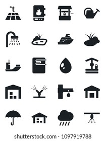 Set of vector isolated black icon - shower vector, watering can, water drop, rain, well, pond, drip irrigation, sea shipping, umbrella, warehouse, heater, warm floor, sprinkler
