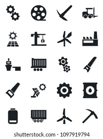 Set of vector isolated black icon - fork loader vector, gear, saw, truck trailer, sea port, oil barrel, reel, low battery, windmill, crane, factory, sun panel, hard work