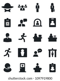 Set of vector isolated black icon - security gate vector, male, reception, medical room, manager, team, place, run, support, speaker, identity card, desk, dress code, pass