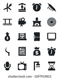 Set of vector isolated black icon - abacus vector, money bag, well, sickle, film frame, vinyl, tv, video camera, microphone, alarm, fireplace, rolling pin, outdoor lamp, fridge, windmill, sand clock