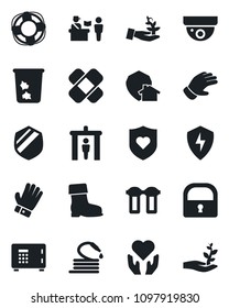 Set of vector isolated black icon - passport control vector, security gate, trash bin, safe, glove, boot, hose, patch, heart shield, hand, protect, lock, water filter, home, surveillance
