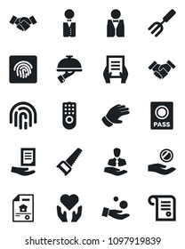 Set of vector isolated black icon - passport vector, handshake, document, garden fork, glove, saw, heart hand, client, fingerprint id, estate, waiter, remote control, investment, contract