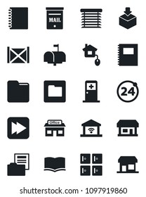 Set of vector isolated black icon - 24 around vector, medical room, checkroom, book, store, container, package, fast forward, folder, copybook, document, mailbox, home control, jalousie, garage gate
