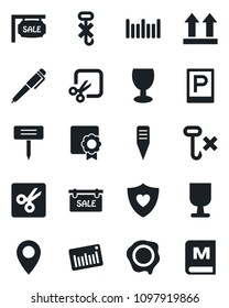 Set of vector isolated black icon - parking vector, stamp, plant label, heart shield, pin, fragile, up side sign, no hook, barcode, cut, sertificate, pen, sale, menu