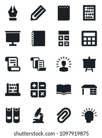 Set of vector isolated black icon - contract vector, book, calculator, abacus, desk, notepad, presentation board, pencil, microscope, copybook, paper clip, ink pen, shining head