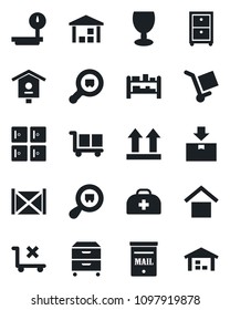 Set of vector isolated black icon - checkroom vector, bird house, doctor case, container, fragile, cargo, warehouse storage, up side sign, no trolley, package, heavy scales, search, rack, mailbox