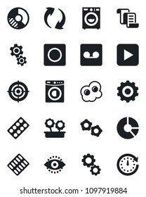 Set of vector isolated black icon - gear vector, contract, circle chart, pills blister, play button, update, record, eye id, target, washer, flower in pot, omelette, clock