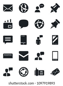 Set of vector isolated black icon - mobile phone vector, speaking man, mail, office, network, cell, speaker, paper pin, message, reserved