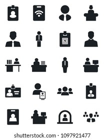 Set of vector isolated black icon - reception vector, manager, identity card, place, patient, user, desk, estate agent, pass, group