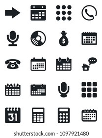 Set of vector isolated black icon - right arrow vector, calendar, circle chart, microphone, menu, calculator, phone, home message, money bag