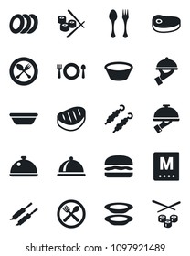 Set of vector isolated black icon - spoon and fork vector, dish, cafe, menu, plates, waiter, steak, kebab, hamburger, bowl, sushi
