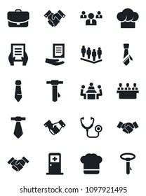Set of vector isolated black icon - medical room vector, handshake, team, tie, document, stethoscope, meeting, cook hat, case