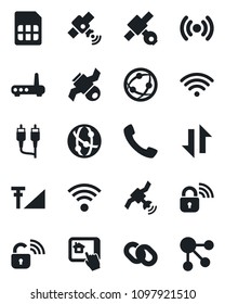 Set of vector isolated black icon - satellite vector, network, chain, rca, call, sim, data exchange, cellular signal, wireless, lock, router, home control app, social media