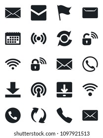 Set of vector isolated black icon - phone vector, mail, call, update, download, calendar, wireless, lock, flag