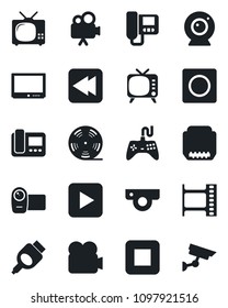 Set of vector isolated black icon - film frame vector, reel, tv, gamepad, video camera, play button, stop, rewind, hdmi, record, web, intercome, surveillance