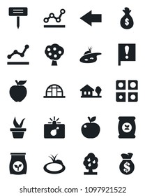 Set of vector isolated black icon - bomb in case vector, left arrow, seedling, plant label, greenhouse, pond, fertilizer, important flag, application, point graph, house with tree, fruit, apple