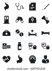 Set of vector isolated black icon - bed vector, medical room, heart pulse, doctor case, diagnosis, stethoscope, blood pressure, pills, ampoule, scalpel, tomography, hospital, stomach, broken bone