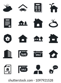 Set of vector isolated black icon - office building vector, house, pond, contract, with tree, garage, estate document, sale, sold signboard, agent, smart home, insurance, eco, message