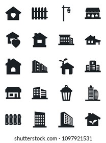 Set of vector isolated black icon - office building vector, fence, house, garden light, hospital, store, with garage, sweet home, city, cafe, eco