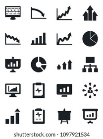 Set of vector isolated black icon - growth statistic vector, hierarchy, presentation board, monitor, circle chart, pulse, clipboard, statistics, bar graph, pie, arrow up, crisis