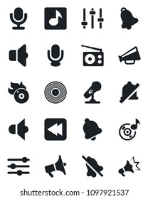 Set of vector isolated black icon - vinyl vector, flame disk, microphone, radio, speaker, loudspeaker, rewind, tuning, bell, mute, music, sound, advertising