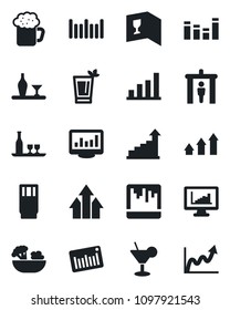Set of vector isolated black icon - security gate vector, growth statistic, barcode, equalizer, scanner, monitor statistics, bar graph, alcohol, wine card, drink, cocktail, phyto, beer, salad