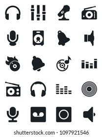 Set of vector isolated black icon - vinyl vector, flame disk, microphone, radio, speaker, settings, equalizer, headphones, bell, record, music, sound