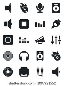 Set of vector isolated black icon - vinyl vector, flame disk, speaker, loudspeaker, equalizer, microphone, headphones, stop button, rca, hdmi, tuning, record, sound