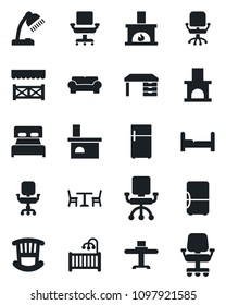 Set of vector isolated black icon - cafe vector, office chair, desk, fireplace, lamp, bedroom, children room, cushioned furniture, restaurant table, alcove, fridge