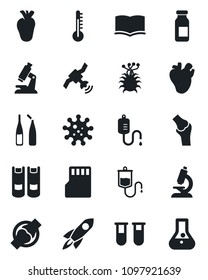 Set of vector isolated black icon - book vector, blood test vial, dropper, microscope, ampoule, real heart, joint, virus, satellite, sd, thermometer, rocket, flask