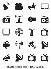 Set of vector isolated black icon - antenna vector, satellite, radio, loudspeaker, tv, video camera