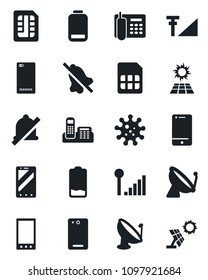 Set of vector isolated black icon - satellite antenna vector, mobile phone, virus, cell, low battery, back, sim, mute, cellular signal, office, sun panel