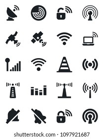 Set of vector isolated black icon - antenna vector, wireless notebook, border cone, radar, satellite, equalizer, mute, cellular signal, lock