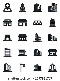 Set of vector isolated black icon - taxi vector, shop, office building, garden light, navigation, store, city house, cafe